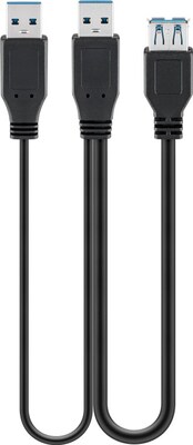 Kábel USB 3.2 Gen 1, A-A 2xM/F 0.3m, 5Gbps, predlžovací, čierny, Y-kábel, Extra napájanie