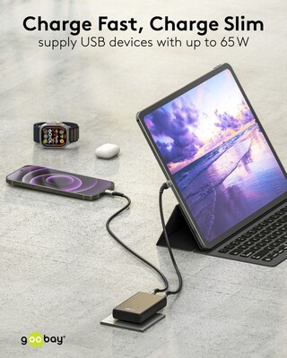 Nabíjačka USB 230V 2port, 1xUSB A, 1x USB Typ C, 65W, Power Delivery, Quick Charge 3.0, plochá, čier