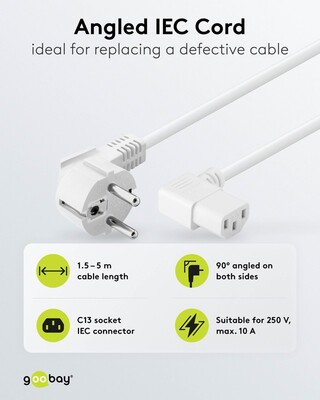 Kábel sieťový 230V, vidlica (CEE7/7) lomená - C13 zahnutý (doprava), 3m, 1.00mm², 10A, biely