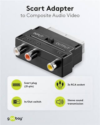 Adaptér SCART/3x Cinch (RCA), prepínač IN/OUT, čierny