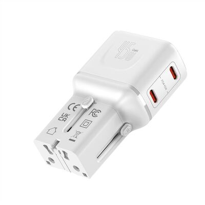 Nabíjačka USB 230V 2port, EU/UK/US, 2xUSB Typ C, 45W, PD, QC 3.0, cestovná/skladacia/vrecková, biela