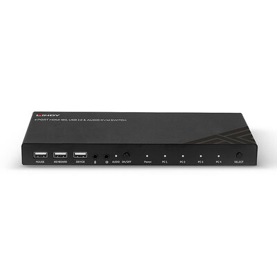 KVM switch/prepínač 4PC, HDMI, USB 2.0, hub, audio, 4K@60Hz, 18G, čierny