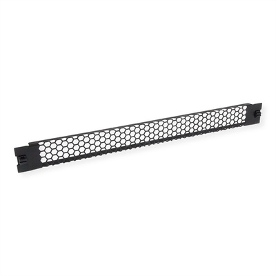 19" záslepka "snap-in" s ventilačnou mriežkou, 1U, kovová, montáž bez nástroja, čierna RAL9005
