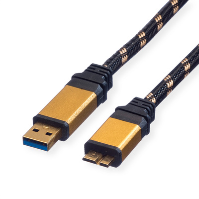 Kábel USB 3.2 Gen 1, A-MICRO-B(3.0) M/M 0.8m, 5Gbps, čierny/zlatý, Gold, pozl. konektor