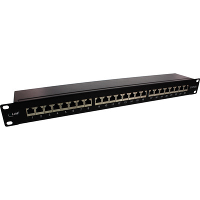19" Patch panel 24port cat.6a, tienený s uzemnením, celokovový, 1U, čierny