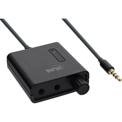 Slúchatkový predzosilovač, 3.5mm IN/2x3.5mm OUT, s BassBoost, napájanie micro USB, čierny