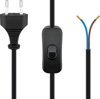 Kábel sieťový 230V, 2pin vidlica (CEE7/16) priama - dutinky, 1.5m, 0.75mm², 2.5A, vypínač, čierny