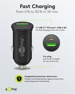 Nabíjačka USB do auta 2port, 1xUSB A 1xUSB Typ C, 3A, 45W, Power Delivery, QC3.0, Mini, čierna