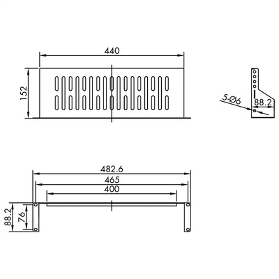 19" Polica pevná 440x150mm, max. 15kg, 2U, čierna, U-tvar