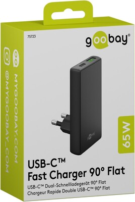 Nabíjačka USB 230V 2port, 1xUSB A, 1x USB Typ C, 65W, Power Delivery, Quick Charge 3.0, plochá, čier