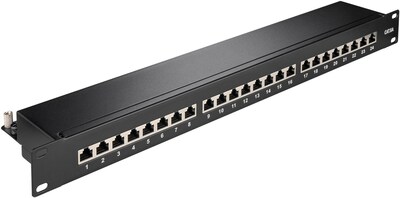 19" Patch panel 24port cat.6a, tienený s uzemnením, celokovový, 1U, čierny