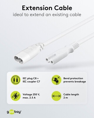 Kábel sieťový 230V 2pin C7 - C8 predlžovací, 2m, 0.75mm², 2.5A, biely