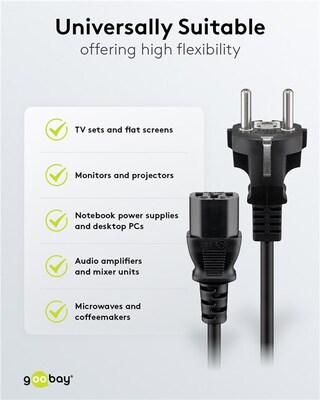 Kábel sieťový 230V, vidlica (CEE7/7) priama - C13, 2m, 0.75mm², 10A, čierny