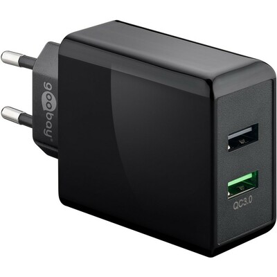 Nabíjačka USB 230V 2port, 2xUSB A, 28W, Quick Charge, čierna