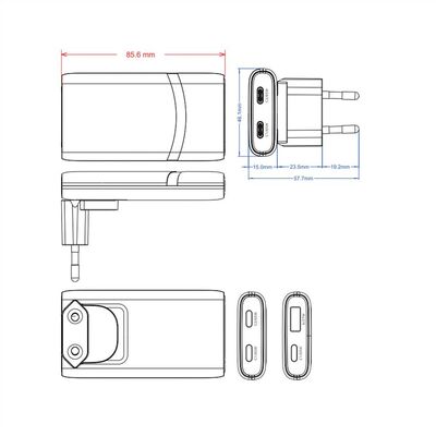 Nabíjačka USB 230V 2port, EU/US, 1xUSB A, 1xUSB Typ C, 65W, PD, QC 3.0, cestovná/skladacia, biela