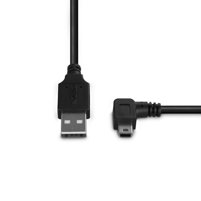 Kábel USB 2.0 A-MINI-B 5pin M/M 2m, High Speed, čierny, uhľový 90° doľava