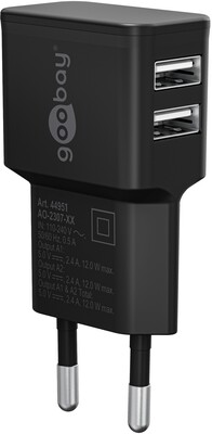 Nabíjačka USB 230V 2port, 2xUSB A, 2.4A, 12W, čierna