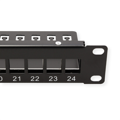 19" Patch panel 24port Keystone, tienený s uzemnením, celokovový, 1U, čierny