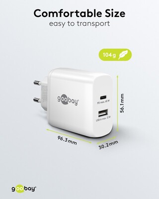 Nabíjačka USB 230V 2port, 1xUSB A 2.0, 1xUSB C (Power Delivery), 65W, GaN, biela