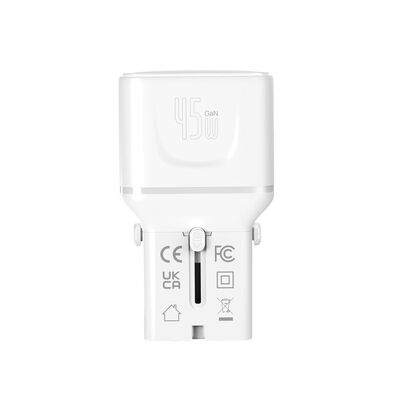 Nabíjačka USB 230V 2port, EU/UK/US, 2xUSB Typ C, 45W, PD, QC 3.0, cestovná/skladacia/vrecková, biela