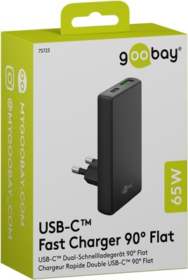 Nabíjačka USB 230V 2port, 1xUSB A, 1x USB Typ C, 65W, Power Delivery, Quick Charge 3.0, plochá, čier