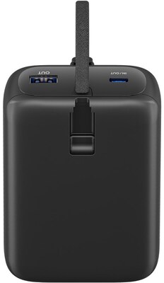 Power Bank 20000mAh, QC 3.0, LED display, zabudovaný kábel USB Typ C 0.13m, 12x7x3cm, čierna