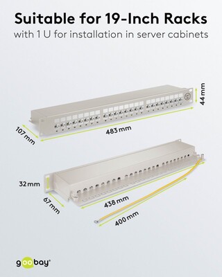19" Patch panel 24port cat.6a, tienený s uzemnením, celokovový, 1U, sivý
