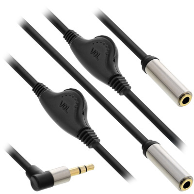 Káblový adaptér 3.5mm stereo jack/2x3.5mm stereo M/2xF 25cm, ovládanie hlasitost, čierny, pozl. kon.