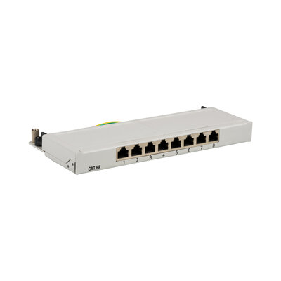 10" Patch panel 8port cat.6a, tienený s uzemnením, celokovový, montáž aj na DIN a stenu, 0.5U, sivý