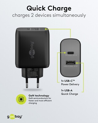 Nabíjačka USB 230V 2port, 1xUSB A 2.0, 1xUSB C (Power Delivery), 65W, GaN, čierna