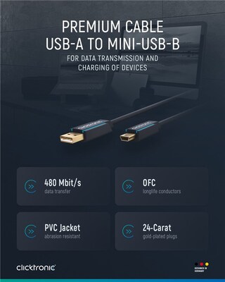 Kábel USB 2.0 A-MINI-B 5pin M/M 1.8m, High Speed, modrý, ClickTronic, pozl. konektor