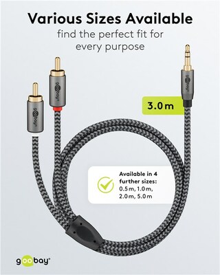 Kábel 3,5mm stereo/2xCinch M/M 0.5m, čierny/sivý, pozl. konektor