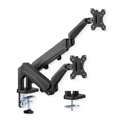 Držiak pre 2x monitor na stôl, úchyt o dosku, pneumatický, max 9kg, rameno 522mm VESA 75/100 čierny