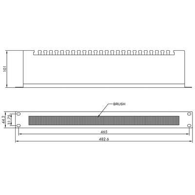 19" Panel vyväzovací, organizér, prechodka s kefkami a podperou, 1U, kovový, čierny