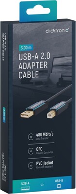 Kábel USB 2.0 A-B M/M 3m, High Speed, modrý, ClickTronic, pozl. konektor