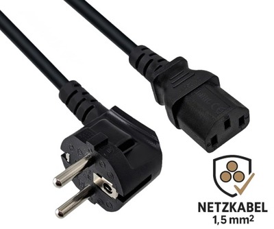 Kábel sieťový 230V, vidlica (CEE7/7) lomená - C13, 3m, 1.50mm², 10A, čierny