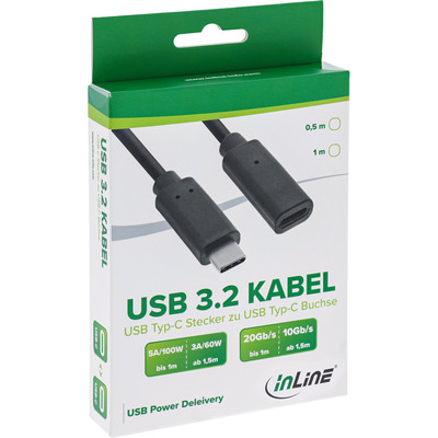 Kábel USB 3.2 Gen 2x2, Typ C CM/CF 1m, 20Gbps, PD 100w 20V5A, predlžovací, čierny