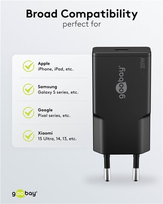 Nabíjačka USB 230V 1x USB Typ C, 20W, GaN, Power Delivery, slim, čierna