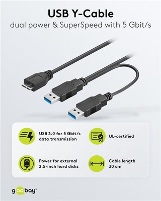 Kábel USB 3.2 Gen 1, 2xA-MICRO-B(3.0) M/M 0.3m, 5Gbps, čierny, Y-kábel, Extra napájanie