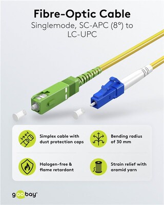 Fiber kábel LC-SC/APC, 15m Simplex OS2(9/125µm), LSOH, G657.A2, ohybný, 3mm, žltý