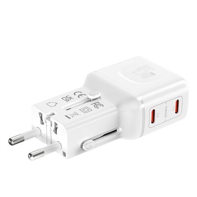 Nabíjačka USB 230V 2port, EU/UK/US, 2xUSB Typ C, 45W, PD, QC 3.0, cestovná/skladacia/vrecková, biela