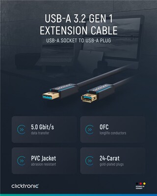 Kábel USB 3.2 Gen 1, A-A M/F 1.8m, 5Gbps, predlžovací, modrý, ClickTronic, pozl. konektor