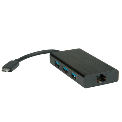 Adaptér USB 3.1 Typ C na RJ45 (Gigabit Ethernet), Hub 3x USB 3.0 A, 10cm, čierny