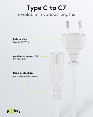 Kábel sieťový 230V, 2pin vidlica (CEE7/16) priama - C7 (2pin), 5m, 0.75mm², 2.5A, biely