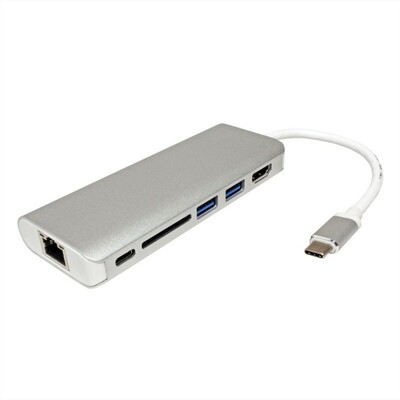 Dokovacia Stanica USB 3.1 Typ C, 4K HDMI, 2x USB 3.0, 1x SD, RJ45 (Ethernet), PD, strieborná