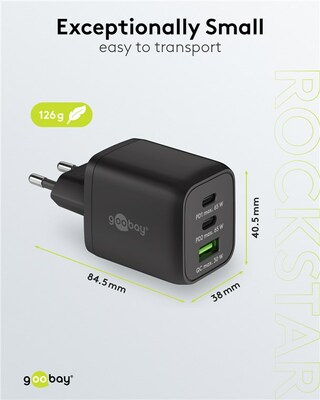 Nabíjačka USB 230V 3port, 1xUSB A, 2xUSB Typ C, 65W, Power Delivery, GaN, čierna