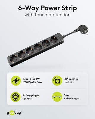 Predlžovačka 3m s 6 zásuvkami, SCHUKO, 1.50mm², čierna