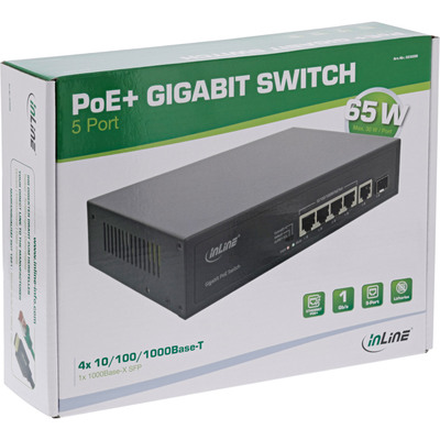 PoE+ Switch Gigabit 5port, 4xPOE+ (65W), 1x GbE, 1x SFP, čierny