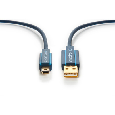 Kábel USB 2.0 A-MINI-B 5pin M/M 1m, High Speed, modrý, ClickTronic, pozl. kon.