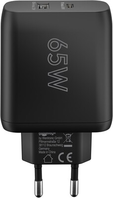 Nabíjačka USB 230V 2port, 1xUSB A 2.0, 1xUSB C (Power Delivery), 65W, GaN, čierna